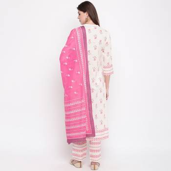 Women'S Floral Print & Embroidered A-Line Cotton White Kurti & Palazzo With Dupatta 3