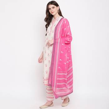 Women'S Floral Print & Embroidered A-Line Cotton White Kurti & Palazzo With Dupatta 4