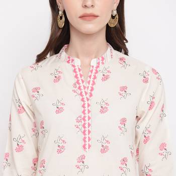 Women'S Floral Print & Embroidered A-Line Cotton White Kurti & Palazzo With Dupatta 5