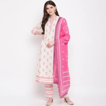 Women'S Floral Print & Embroidered A-Line Cotton White Kurti & Palazzo With Dupatta 6