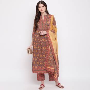 Women'S Floral Print & Hand Work Flared With Side Cut Cotton Grey Kurti & Palazzo With Dupatta 1