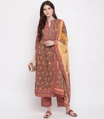 Women'S Floral Print & Hand Work Flared With Side Cut Cotton Grey Kurti & Palazzo With Dupatta