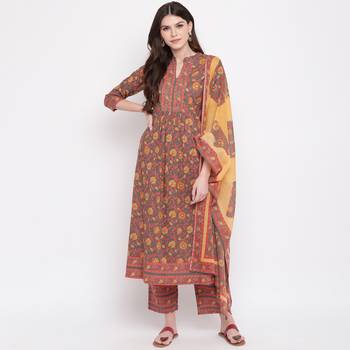 Women'S Floral Print & Hand Work Flared With Side Cut Cotton Grey Kurti & Palazzo With Dupatta 2