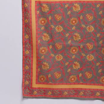 Women'S Floral Print & Hand Work Flared With Side Cut Cotton Grey Kurti & Palazzo With Dupatta 8