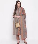 Women'S Foil Print & Hand Work Straight Cotton Grey Kurti & Palazzo With Dupatta