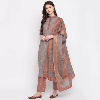 Women'S Foil Print & Hand Work Straight Cotton Grey Kurti & Palazzo With Dupatta 2