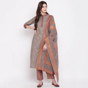 Women'S Foil Print & Hand Work Straight Cotton Grey Kurti & Palazzo With Dupatta 6