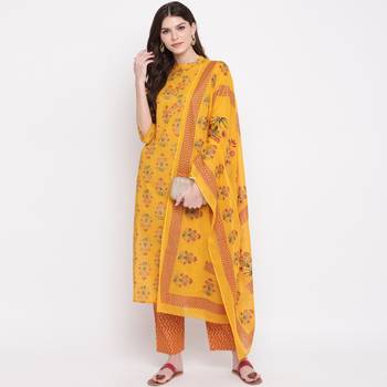Women'S Foil Print & Hand Work Straight Cotton Yellow Kurti & Palazzo With Dupatta 1