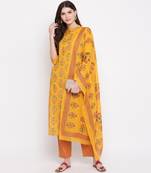 Women'S Foil Print & Hand Work Straight Cotton Yellow Kurti & Palazzo With Dupatta
