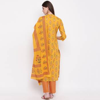 Women'S Foil Print & Hand Work Straight Cotton Yellow Kurti & Palazzo With Dupatta 3