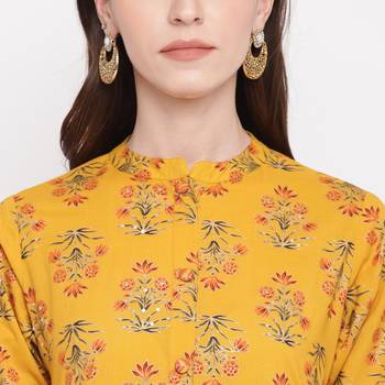 Women'S Foil Print & Hand Work Straight Cotton Yellow Kurti & Palazzo With Dupatta 5