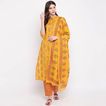 Women'S Foil Print & Hand Work Straight Cotton Yellow Kurti & Palazzo With Dupatta 6