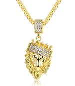 Hip Hop Lion King Crown Kings Landing Gold Plated Rhinestone Crystal Pendant Necklace Chain for Men Boys