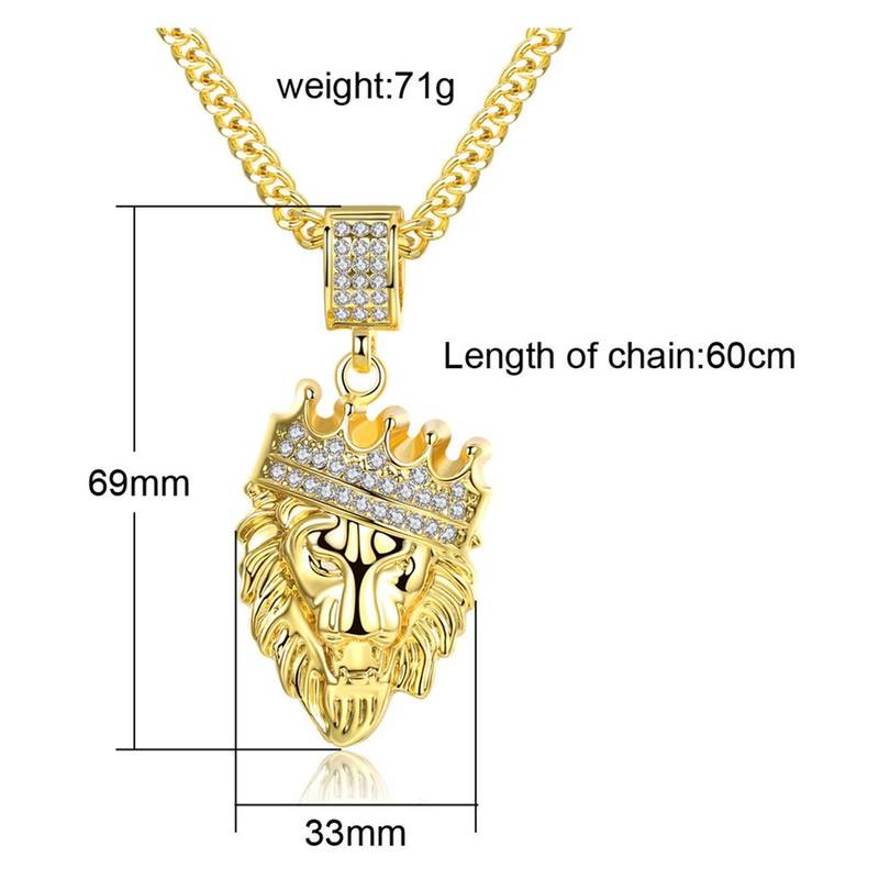 Hip Hop Lion King Crown Kings Landing Gold Plated Rhinestone Crystal Pendant Necklace Chain for Men Boys