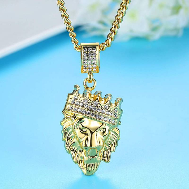Hip Hop Lion King Crown Kings Landing Gold Plated Rhinestone Crystal Pendant Necklace Chain for Men Boys