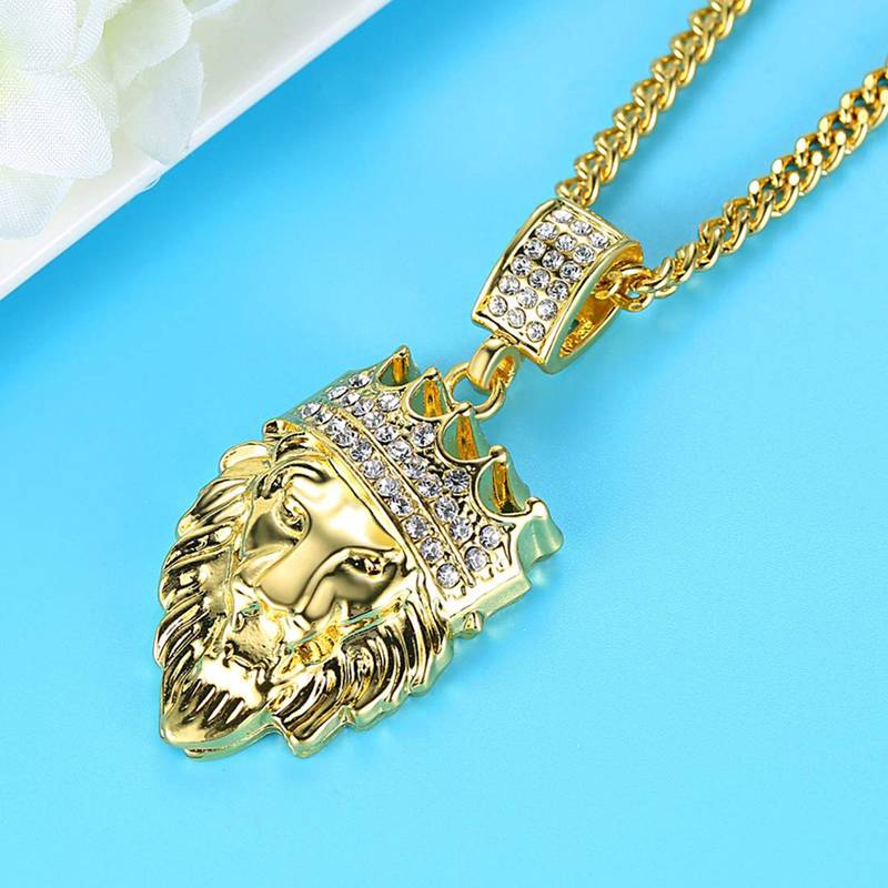 Hip Hop Lion King Crown Kings Landing Gold Plated Rhinestone Crystal Pendant Necklace Chain for Men Boys
