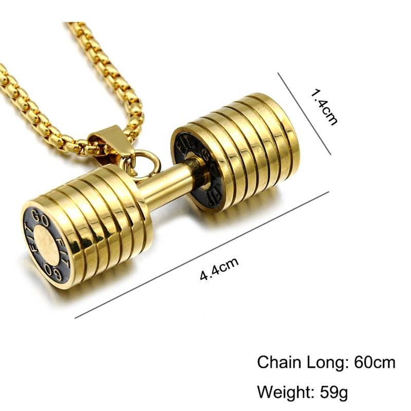 Barbell Dumbell Macho Large Heavy Gold 316L Surgical Stainless Steel Pendant Chain Necklace for