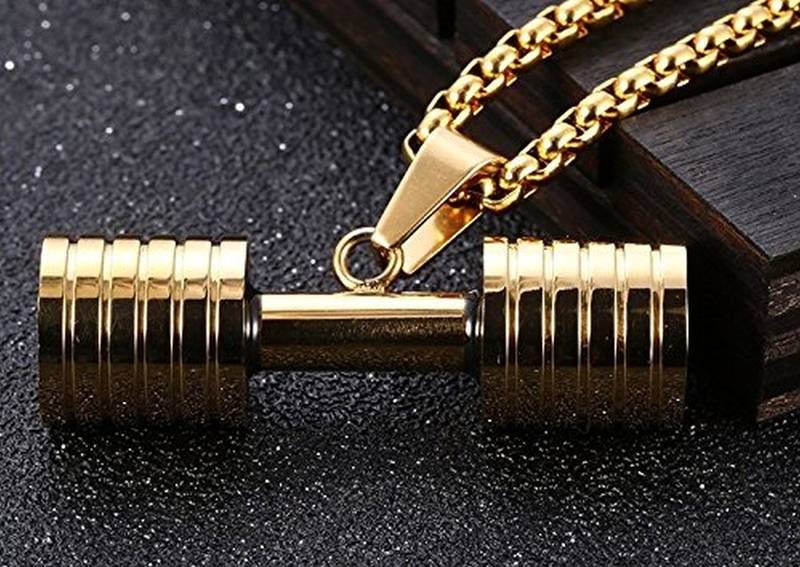 Barbell Dumbell Macho Large Heavy Gold 316L Surgical Stainless Steel Pendant Chain Necklace for Men Boys