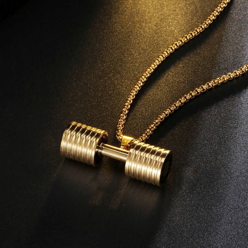 Barbell Dumbell Macho Large Heavy Gold 316L Surgical Stainless Steel Pendant Chain Necklace for Men Boys