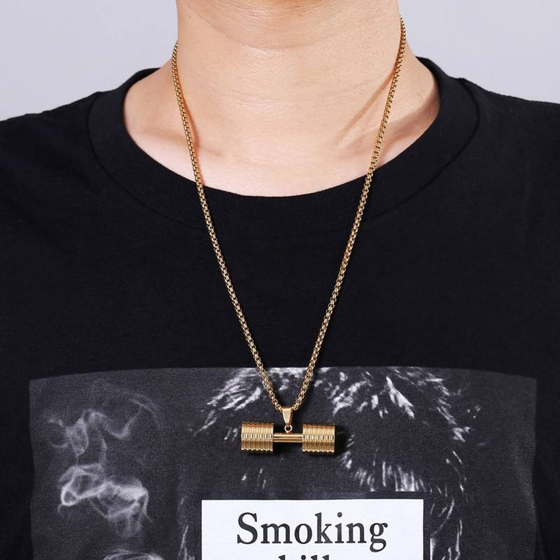 Barbell Dumbell Macho Large Heavy Gold 316L Surgical Stainless Steel Pendant Chain Necklace for Men Boys
