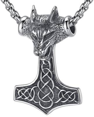 Viking Celtic Knot Wolf Thor Hammer Vintage 316L Stainless Steel Pendant Necklace Chain for Men Boys 1