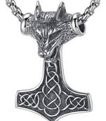 Viking Celtic Knot Wolf Thor Hammer Vintage 316L Stainless Steel Pendant Necklace Chain for Men Boys