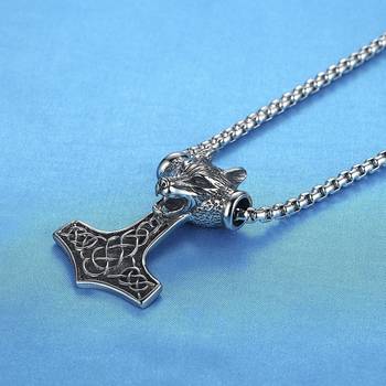 Viking Celtic Knot Wolf Thor Hammer Vintage 316L Stainless Steel Pendant Necklace Chain for Men Boys 3