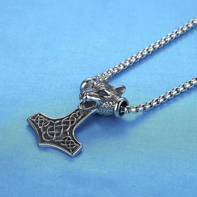 Viking Celtic Knot Wolf Thor Hammer Vintage 316L Stainless Steel Pendant Necklace Chain for Men Boys