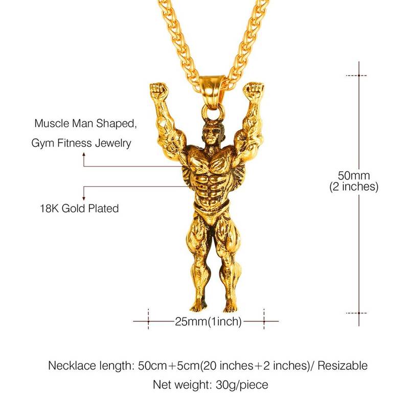 Gym Fitness Masculine Body Builder Wrestler Gold Plated 316L Stainless Steel Pendant Chain Necklace for Men Boys