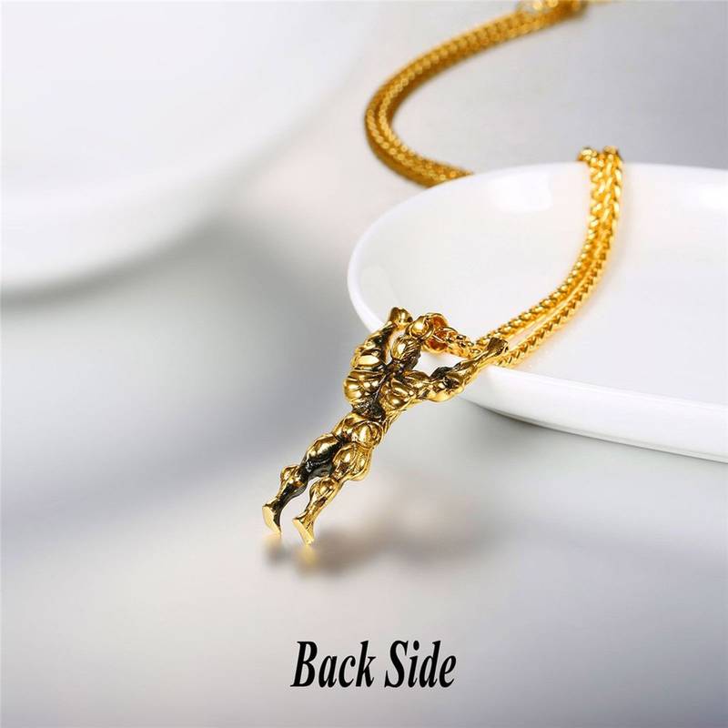 Gym Fitness Masculine Body Builder Wrestler Gold Plated 316L Stainless Steel Pendant Chain Necklace for Men Boys