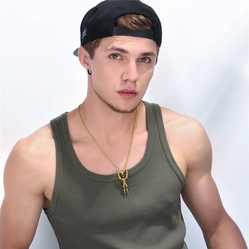 Gym Fitness Masculine Body Builder Wrestler Gold Plated 316L Stainless Steel Pendant Chain Necklace for Men Boys