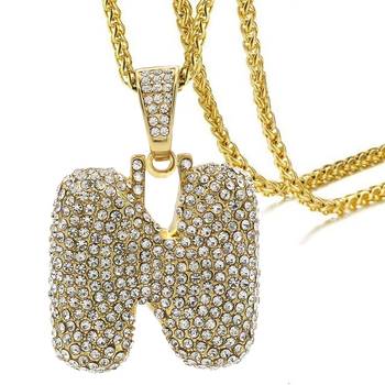 Hip Hop Iced Out Alphabet Initial Letter N 18k Gold Rope 22" Chain Initial Necklace Pendant Women Men 1