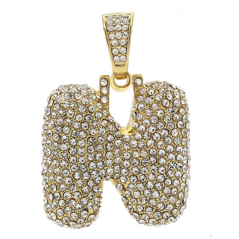 Hip Hop Iced Out Alphabet Initial Letter N 18k Gold Rope 22" Chain Initial Necklace Pendant Women Men