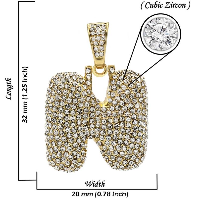 Hip Hop Iced Out Alphabet Initial Letter N 18k Gold Rope 22" Chain Initial Necklace Pendant Women Men
