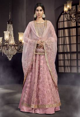 Pink embroidered net semi stitched lehenga 1