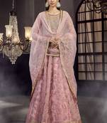 Pink embroidered net semi stitched lehenga