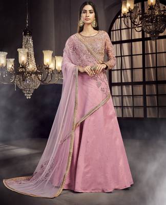Pink embroidered net semi stitched lehenga 2