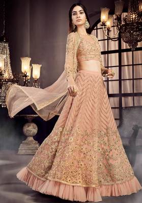 Peach embroidered net semi stitched lehenga 1