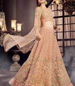 Peach embroidered net semi stitched lehenga