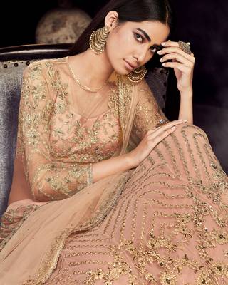 Peach embroidered net semi stitched lehenga 2