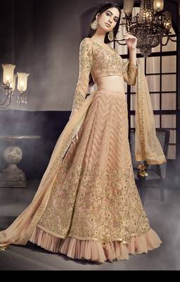 Peach embroidered net semi stitched lehenga 3