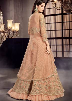Peach embroidered net semi stitched lehenga 4