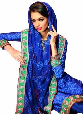 Blue Printed Crepe semi stitched salwar with dupatta 1