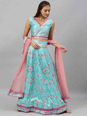 Sky-blue digital print
 satin semi stitched lehenga 1