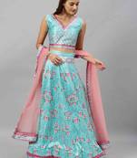 Sky-blue digital print
 satin semi stitched lehenga