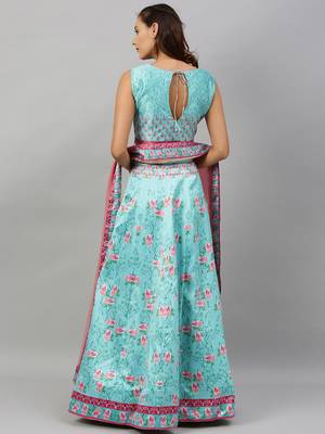 Sky-blue digital print
 satin semi stitched lehenga 2