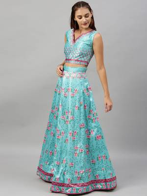 Sky-blue digital print
 satin semi stitched lehenga 3