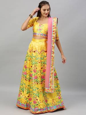 Yellow digital print
 satin semi stitched lehenga 1