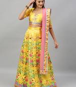 Yellow digital print
 satin semi stitched lehenga