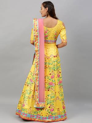 Yellow digital print
 satin semi stitched lehenga 2